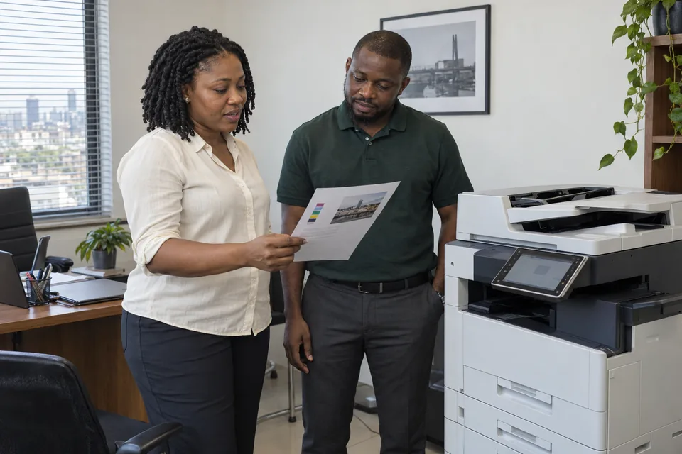 Office manager and copier specialist reviewing a test print